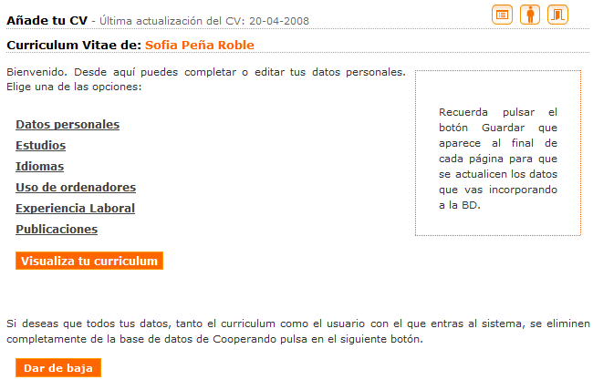 Menu de control